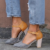billige Block Heels-kvinners blå og gule tofargede t-remsko med hæl for vintage og fritidsklær