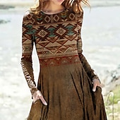 levne Boho šaty-Dámské Midi šaty Volnočasové šaty Zimní šaty Etnické šaty Swingové šaty prázdniny Na běžné nošení Skromný Formální Venkovní Zimní šaty Běžný Geometrický Dlouhý rukáv Tričkový Žlutá Podzim Zima
