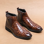 baratos Botas de vestir-Botas masculinas de couro sintético com padrão de crocodilo marrom, fivela e zíper lateral – botas sociais elegantes para uso formal e casual