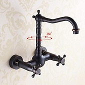 cheap Kitchen Faucets-Retro Style Utility Sink Black Laundry Faucet, Wall Mount High Arc Two Handles Two Holes Wash Basin Tap with Hot and Cold Water Hoses, Laundry Tub Pot Filler Commercial Faucet