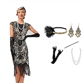 billige 1920-talls kjoler-De livlige 20-årene 1920-tallet Cocktail Kjole Knelengde Flapper kjole Kjoler Drakter Ermeløs Den store Gatsby Charleston Store størrelser Dusk Fjær V-hals Kostyme Dame Karneval Nytt År Maskerade