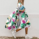 abordables Robes de vacances-Femme Robe mi-longue Robe Évasée robe boheme Décontractées Bohème Extérieur Vacances du quotidien Standard Floral Manches 3/4 Col Rond Blanche Jaune Rouge Bleu Eté Printemps