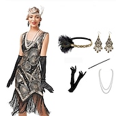 levne oblečení-Řvoucí 20s Velký Gatsby Krátká délka Bubenové šaty Šaty Úbory Bez rukávů Velký Gatsby Svatební host Flitry Třásně Flitry Třásně S výstřihem Dámské předvečer Všech svatých Plesová maškaráda předvečer