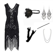 economico Outfit-Anni Ruggenti Ispirato al vintage Il grande Gatsby Lunghezza corta Abito Flapper Vestito Abiti Senza maniche Il grande Gatsby Invitato al matrimonio Paillettes Frangia con nappe Paillettes Scollo a V