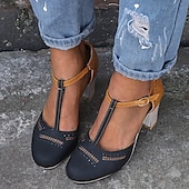 billige Block Heels-kvinners blå og gule tofargede t-remsko med hæl for vintage og fritidsklær