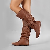 levne Slouch Boots-dámské černé kozačky pod kolena - ležérní kozačky z umělé kůže na plochém podpatku na podzim a zimu