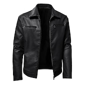 preiswerte Kunstlederjacke-Herren Kunstlederjacke übergangsjacke Bikerjacke Rote Lederjacke Party Alltagstauglich Thermowarm Winddicht Kunstpelzbesatz Herbst Einfarbig Punk Mode Revers Regulär Kunstleder Schlank Schwarz Rote
