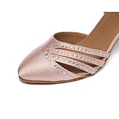 abordables Chaussures de bal, de danse moderne-chaussures de danse de salon en satin pour femme - talons en strass rose avec bride à la cheville pour la salsa et la danse latine