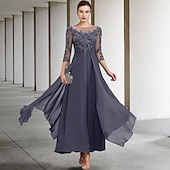 billiga Golvlängd-A-linjeformad klänning för brudens mor bröllopsgäst elegant plus size juvelhals ankellängd chiffong spets 3/4 längd ärm med ruched paljetter applikationer gratis anpassad storlek