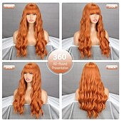 billige Syntetiske trendy parykker-lang oransje parykk med pannelugg bølget krøllet ingefær bangs parykk syntetisk kvinner oransje lang parykk naturlig leter etter daglig og halloween fest