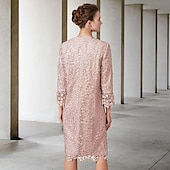 cheap With Jacket-Two Piece Sheath Mother of the Bride Dress Church Elegant Jewel Neck Knee Length Chiffon Lace Short Sleeve Jacket Dresses with Appliques free custom size
