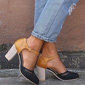billige Block Heels-kvinners blå og gule tofargede t-remsko med hæl for vintage og fritidsklær