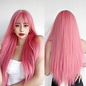 abordables Perruques Synthétiques Sans Bonnet-perruques rouges avec une frange rouge bordeaux synthétique longue perruque droite pour les femmes partie et cosplay perruque rouge vif