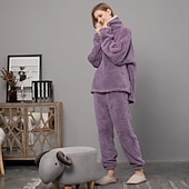 cheap Women&#039;s Sleepwear-Women&#039;s Pajamas Pjs Sets 2 Pieces Pure Color Fashion Plush Comfort Home Vacation Fleece V Wire Long Sleeve Pullover Pant Elastic Waist Fall Winter Home Outfits