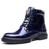 preiswerte Stiefeletten-Blaue Stiefeletten aus Lackleder mit Python-Print und Schnürung für Herren – auffällige Hochglanzstiefel für modische Freizeit- und Abendlooks
