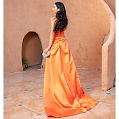 cheap ORANGE-Mermaid Sequin Evening Gown Sexy Dress Wedding Guest Cocktail Party Court Train Sleeveless Strapless Bridesmaid Dress Satin with Beading Pure Color Masquerade Dress