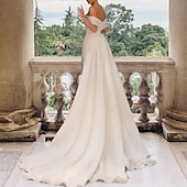 economico abiti da sposa casual-Abiti da sposa casual in sala abito aderente spalle scoperte maniche a cappuccio strascico cortile abiti da sposa in raso con spacco frontale drappeggiato laterale