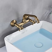 abordables mural-Robinet mitigeur mural pour évier de salle de bain, robinets de lavabo vintage à 2 poignées et 3 trous avec tuyau d&#039;eau chaude froide, robinets de vasque mono lavabo montés sur le pont en bronze huilé