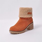cheap Snow &amp; Winter Boots-Women&#039;s Faux Suede Ankle Boots with Fleece Lining and Fold-Over Cuff, Block Heel Winter Boots Available in Multiple Colors