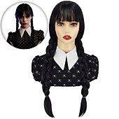 cheap Movie Character Wigs-Wednesday Addams Wigs Wig with Bangs Long Pigtails Wig for Women Girls Addams Family  Hair Wig for Cosplay Party Wigs Halloween Wigs