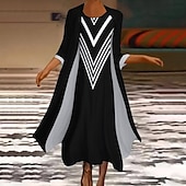 cheap Work Dresses-Women&#039;s Long Dress Maxi Dress Dress Set Two Piece Dress Church Dress Vacation Casual Winter Dress Holiday Date Loose Fit Color Block Long Sleeve Crew Neck Black and white stripes Fall Winter