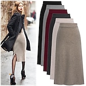 abordables Jupes unies-Femme Jupe Crochet Jupes de travail Mode basique Décontractées Midi Jupes Couleur Pleine Fendu Tricot Bureau / Carrière Plein Air caramel Noir Vin Kaki Automne Laineux