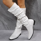 billiga Slouch Boots-Dam Stövlar Slouchy stövlar Plusstorlekar Solid färg Knähöga Stövlar Platt klack Spetsig tå PU Läder Loafers Vit