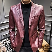 halpa Miesten Klassiset Bleiserit-Miesten Nahkatakit Bleiseri Toimisto &amp; ura Arki-asut Lämmin Tasku Painike alas 봄 &amp; Syksy Yksivärinen / yksivärinen Tyylikäs Lämmittely Sänkyjen avaus Tekonahka Viini Musta khaki Tumman sininen Jackets