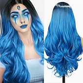 economico Parrucche trendy sintetiche-capelli lunghi blu ondulati parrucche per le donne parrucca corlorful misto blu verde grigio viola colore dei capelli parte centrale parrucche sintetiche in fibra resistente al calore capelli per la