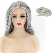 economico Parrucche trendy sintetiche-parrucche grigie lunghe a strati per le donne parrucche ondulate d&#039;argento parrucca di capelli sintetici naturali per l&#039;uso quotidiano delle feste parrucche per feste di natale