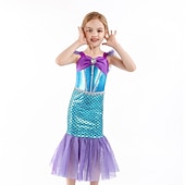 abordables Disfraces de Niña-Niños Chica Vestido Sirena Sin Mangas Rendimiento Disfraz Algodón Vestido de cambio Verano Primavera 3-6 años de edad Azul Piscina Morado