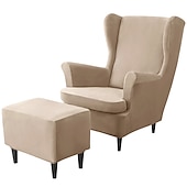 billiga Fåtöljskydd och armlöst stoltäckning-vingstolsöverdrag set vinrött stretch wingback stol överdrag och ottomansk överdrag, sammet wing rygg stolsöverdrag maskintvättbar fåtölj stolsöverdrag för strandmon stol