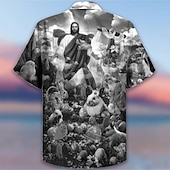 preiswerte Bedruckte Herrenhemden-Herren Mensch Jesus Hemd Hawaiihemd Sommerhemd Knopfhemd Modisch Designer Brautkleider schlicht Outdoor Strasse Casual Sommer Umlegekragen 3D Button-Down Blau Grün Regenbogen Dunkelgray
