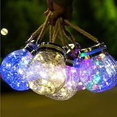 abordables Luces de cuerda solar-Luces solares para tarros de grietas, bola colgante de cristal, linternas solares led, lámpara solar de los deseos, lámpara impermeable para exteriores, decoración de jardín, luces de árbol, fiesta de