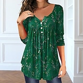 abordables T-shirt floral-Femme T shirt Hauts habillés Floral Tuniques basique manche longue Col Rond Hauts réguliers Vacances Fin de semaine Boutons Imprimer Tunique fluide Jaune Rose Claire Bleu Violet Vert Automne hiver