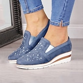 levne Dámské nazouváky a mokasíny-dámské modré slip-on tenisky na klínku – ležérní mokasíny na platformě zdobené drahokamy pro každodenní pohodlí a módu