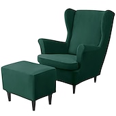 billiga Fåtöljskydd och armlöst stoltäckning-vingstolsöverdrag set vinrött stretch wingback stol överdrag och ottomansk överdrag, sammet wing rygg stolsöverdrag maskintvättbar fåtölj stolsöverdrag för strandmon stol