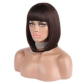 voordelige Synthetische trendy pruiken-korte bob haar pruiken 12 recht met platte pony synthetische kleurrijke cosplay dagelijkse feestpruik voor vrouwen natuurlijk als echt haar