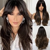 cheap Synthetic Trendy Wigs-Red Wigs for WomenLong Layered Wigs with Bangs Heat Resistant Synthetic Fibre Wigs Halloween Cosplay Party Wigs