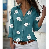baratos Tops Florais-Camisa Feminina Floral Impressão Floral Básica Manga Longa Gola da Camisa Diária Botões Rosa Azul Verde Cinza Primavera Outono Primavera Outono Inverno Verão
