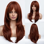 cheap Synthetic Trendy Wigs-Red Wigs for WomenLong Layered Wigs with Bangs Heat Resistant Synthetic Fibre Wigs Halloween Cosplay Party Wigs