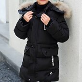 billiga Pojkars dunjacka och parka-Barn Pojkar Ner Hoodiejacka Pufferjacka Ytterkläder Ensfärgat Långärmad Ficka Täcka Utomhus Häftig Dagligen Svart Kaki Höst Vinter 7-13 år