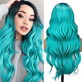 economico Parrucche trendy sintetiche-capelli lunghi blu ondulati parrucche per le donne parrucca corlorful misto blu verde grigio viola colore dei capelli parte centrale parrucche sintetiche in fibra resistente al calore capelli per la