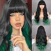 abordables Perruques Synthétiques Sans Bonnet-longue perruque vert foncé avec une frange ombre perruque verte bouclée pour les femmeslongue perruque cosplay vert foncé synthétique naturel à la recherche de perruques quotidiennes et de fête de