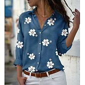 baratos Tops Florais-Camisa Feminina Floral Impressão Floral Básica Manga Longa Gola da Camisa Diária Botões Rosa Azul Verde Cinza Primavera Outono Primavera Outono Inverno Verão
