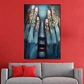 abordables Peintures portraits-peinture à l&#039;huile 100% fait main peint à la main art mural sur toile couvrant les yeux des gens bleu femmes visage abstrait moderne décoration de la maison décor roulé toile avec cadre tendu 40 * 60