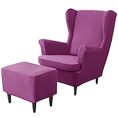 billiga Fåtöljskydd och armlöst stoltäckning-vingstolsöverdrag set vinrött stretch wingback stol överdrag och ottomansk överdrag, sammet wing rygg stolsöverdrag maskintvättbar fåtölj stolsöverdrag för strandmon stol