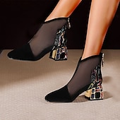 abordables Botines-Botines de malla para mujer con tacón de bloque adornado con diamantes de imitación: botines elegantes y transpirables para fiestas nocturnas y ocasiones especiales