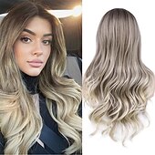 economico Parrucche trendy sintetiche-capelli lunghi blu ondulati parrucche per le donne parrucca corlorful misto blu verde grigio viola colore dei capelli parte centrale parrucche sintetiche in fibra resistente al calore capelli per la