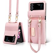 お買い得  サムスン用ケース-電話 ケース 用途 サムスンのギャラクシー Zフリップ6 Z Flip 5 Z Flip 4 Z Flip 3 ウォレットカードケース バンパーフレーム 全身保護 リストストラップ付き ソリッド PUレザー